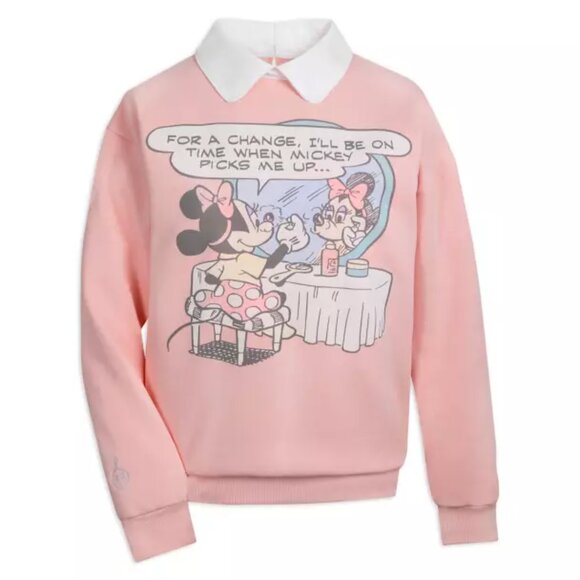 DISNEY Cakeworthy MINNIE MOUSE Pink Collared SWEATSHIRT M Mickey Date CUTE NEW!! - Picture 1 of 11